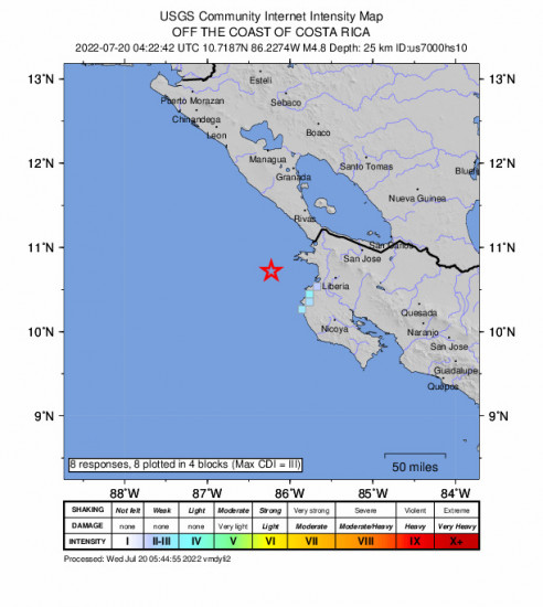GEO Community Internet Intensity Map for the Sardinal, Costa Rica 4.8m Earthquake, Tuesday Jul. 19 2022, 10:22:42 PM