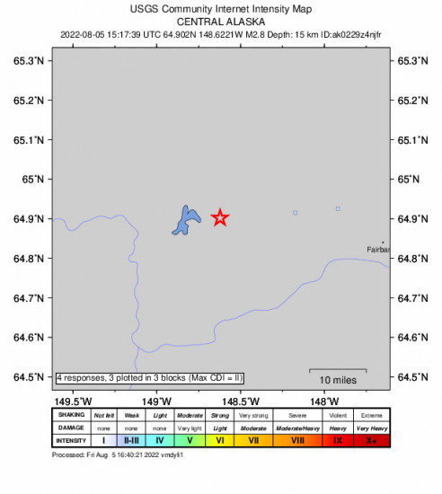 GEO Community Internet Intensity Map for the Ester, Alaska 2.8m Earthquake, Friday Aug. 05 2022, 7:17:39 AM