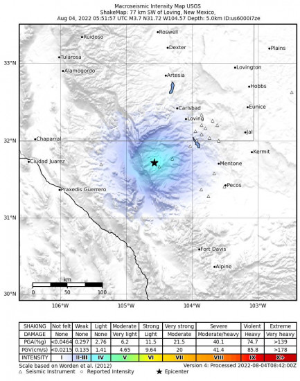 Macroseismic Intensity Map for the Whites City, New Mexico 3.6m Earthquake, Thursday Aug. 04 2022, 12:51:57 AM