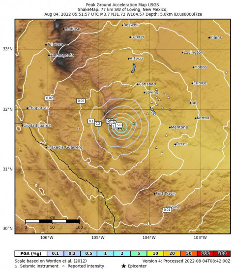 Peak Ground Acceleration Map for the Whites City, New Mexico 3.6m Earthquake, Thursday Aug. 04 2022, 12:51:57 AM