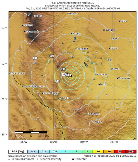 Peak Ground Acceleration Map for the Whites City, New Mexico 4.5m Earthquake, Thursday Aug. 11 2022, 2:17:16 AM