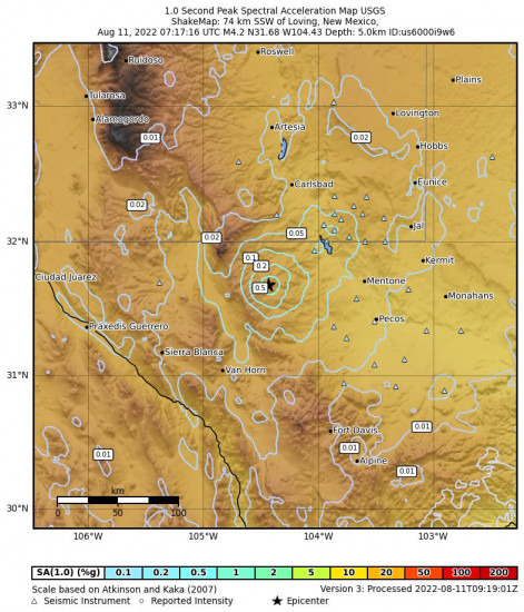 1 Second Peak Spectral Acceleration Map for the Whites City, New Mexico 4.5m Earthquake, Thursday Aug. 11 2022, 2:17:16 AM