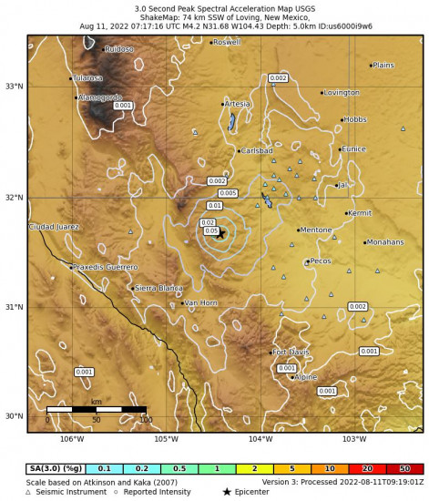 3 Second Peak Spectral Acceleration Map for the Whites City, New Mexico 4.5m Earthquake, Thursday Aug. 11 2022, 2:17:16 AM