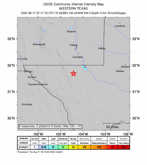 GEO Community Internet Intensity Map for the Whites City, New Mexico 4.5m Earthquake, Thursday Aug. 11 2022, 2:17:16 AM