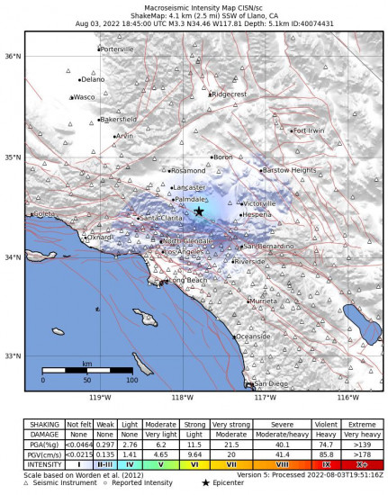 Macroseismic Intensity Map for the Llano, Ca 3.33m Earthquake, Wednesday Aug. 03 2022, 11:45:00 AM