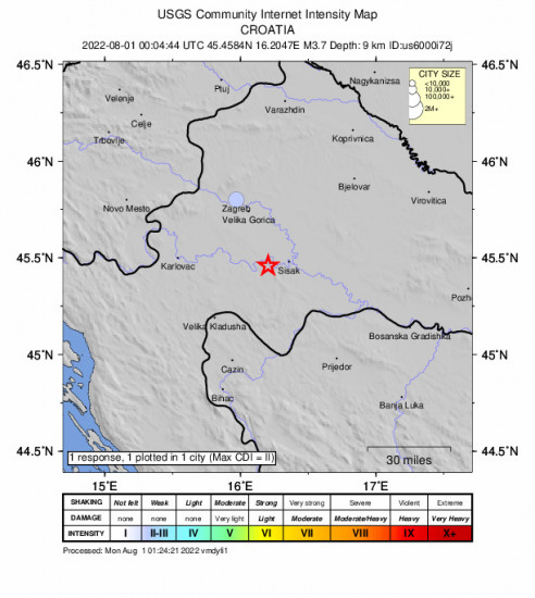 Community Internet Intensity Map for the Petrinja, Croatia 3.7m Earthquake, Monday Aug. 01 2022, 2:04:44 AM
