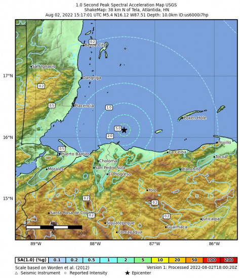 1 Second Peak Spectral Acceleration Map for the Tela, Honduras 5.4m Earthquake, Tuesday Aug. 02 2022, 9:17:01 AM