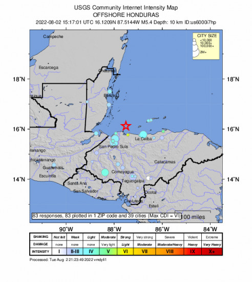 Community Internet Intensity Map for the Tela, Honduras 5.4m Earthquake, Tuesday Aug. 02 2022, 9:17:01 AM