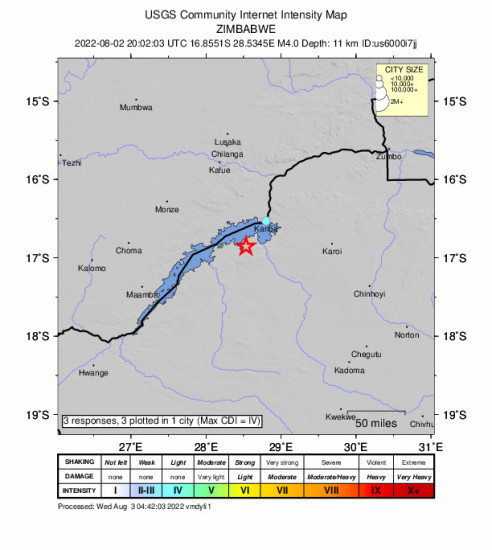 Community Internet Intensity Map for the Siavonga, Zambia 4m Earthquake, Tuesday Aug. 02 2022, 10:02:03 PM