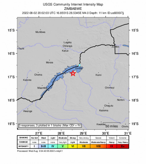 GEO Community Internet Intensity Map for the Siavonga, Zambia 4m Earthquake, Tuesday Aug. 02 2022, 10:02:03 PM
