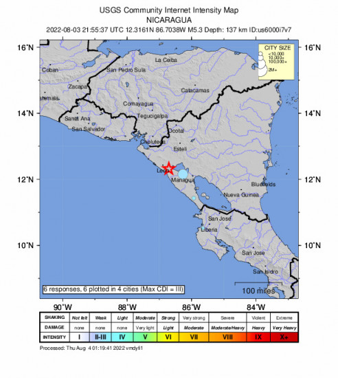 Community Internet Intensity Map for the La Paz Centro, Nicaragua 5.3m Earthquake, Wednesday Aug. 03 2022, 3:55:37 PM