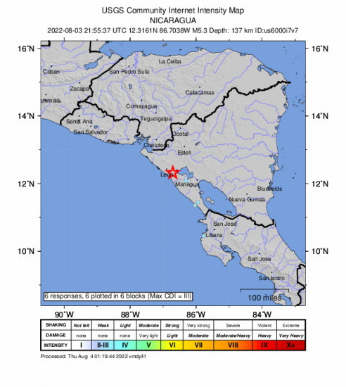 GEO Community Internet Intensity Map for the La Paz Centro, Nicaragua 5.3m Earthquake, Wednesday Aug. 03 2022, 3:55:37 PM