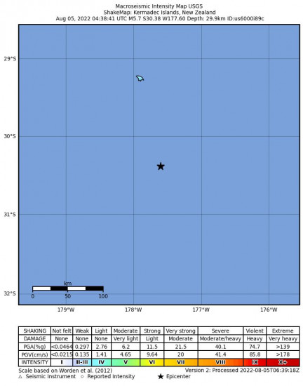 Macroseismic Intensity Map for the Kermadec Islands, New Zealand 5.7m Earthquake, Friday Aug. 05 2022, 4:38:41 PM