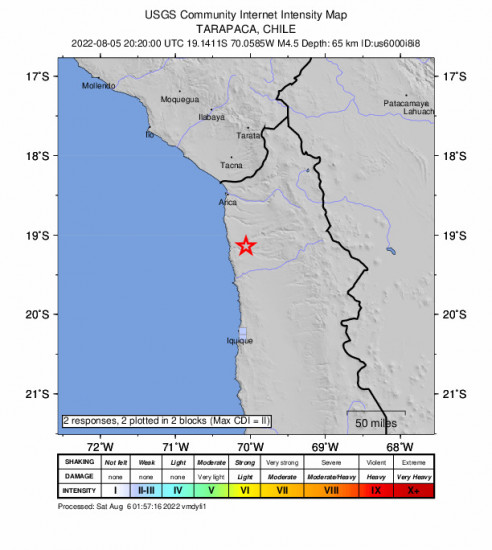 GEO Community Internet Intensity Map for the Arica, Chile 4.5m Earthquake, Friday Aug. 05 2022, 4:20:00 PM