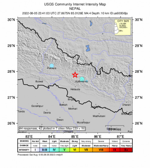 Community Internet Intensity Map for the Kirtipur, Nepal 4.4m Earthquake, Saturday Aug. 06 2022, 5:26:03 AM