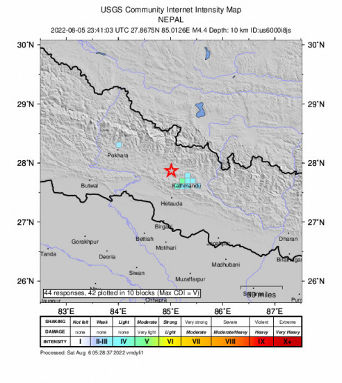 GEO Community Internet Intensity Map for the Kirtipur, Nepal 4.4m Earthquake, Saturday Aug. 06 2022, 5:26:03 AM