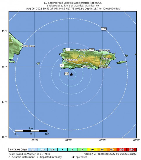 1 Second Peak Spectral Acceleration Map for the Guánica, Puerto Rico 4.6m Earthquake, Saturday Aug. 06 2022, 3:53:27 PM