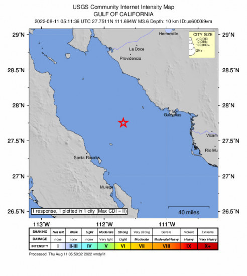 Community Internet Intensity Map for the San Carlos, Mexico 3.6m Earthquake, Wednesday Aug. 10 2022, 10:11:36 PM