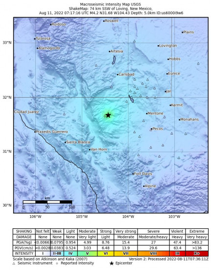Macroseismic Intensity Map for the Whites City, New Mexico 4.2m Earthquake, Thursday Aug. 11 2022, 2:17:16 AM