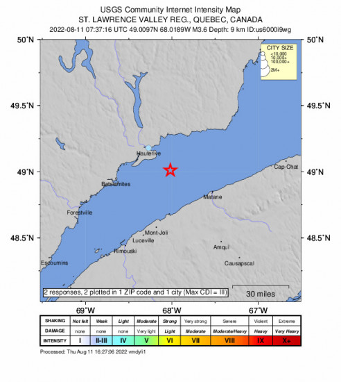 Community Internet Intensity Map for the Baie-comeau, Canada 3.6m Earthquake, Thursday Aug. 11 2022, 3:37:16 AM