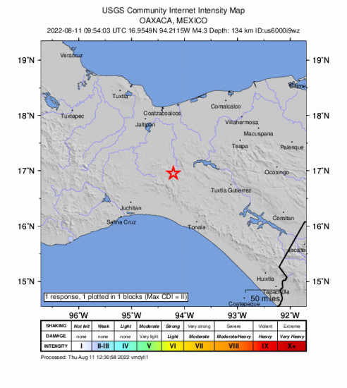 GEO Community Internet Intensity Map for the La Horqueta (poblado Doce), Mexico 4.3m Earthquake, Thursday Aug. 11 2022, 4:54:03 AM
