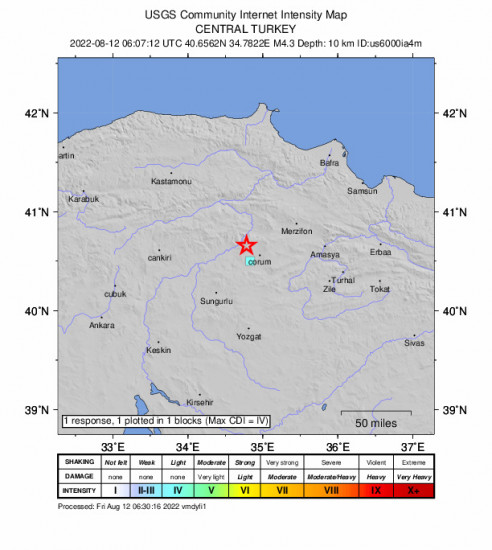 GEO Community Internet Intensity Map for the Laçin, Turkey 4.3m Earthquake, Friday Aug. 12 2022, 9:07:12 AM