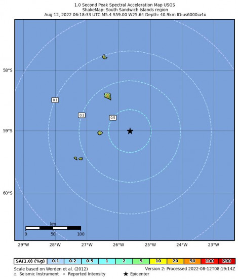 1 Second Peak Spectral Acceleration Map for the South Sandwich Islands Region 5.4m Earthquake, Friday Aug. 12 2022, 4:18:33 AM