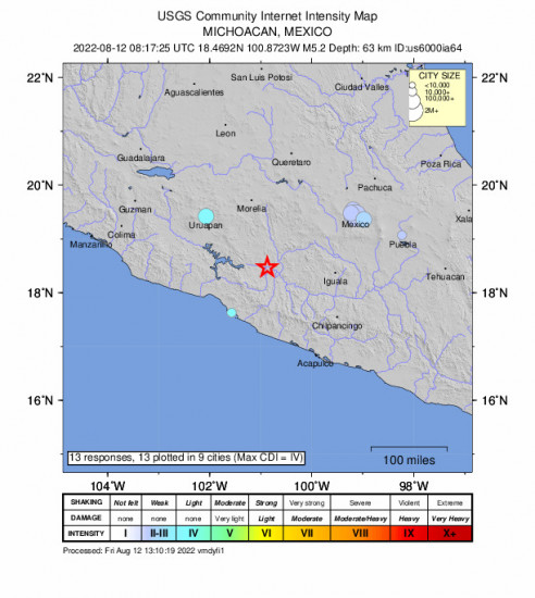 Community Internet Intensity Map for the Zirándaro De Los Chávez, Mexico 5.2m Earthquake, Friday Aug. 12 2022, 3:17:25 AM