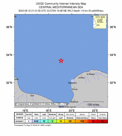 Community Internet Intensity Map for the Tūkrah, Libya 5.2m Earthquake, Friday Aug. 12 2022, 11:31:50 PM