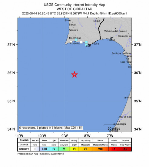 GEO Community Internet Intensity Map for the Sagres, Portugal 4.1m Earthquake, Sunday Aug. 14 2022, 9:20:45 PM