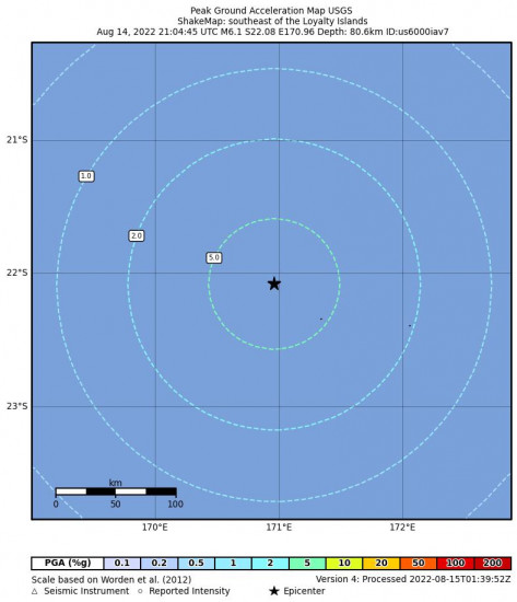 Peak Ground Acceleration Map for the The Loyalty Islands 6.1m Earthquake, Monday Aug. 15 2022, 8:04:45 AM