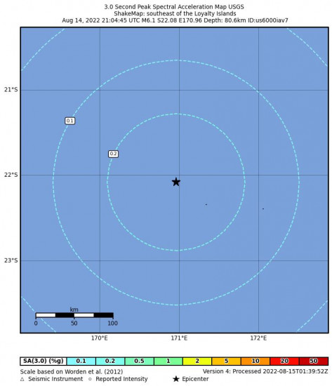 3 Second Peak Spectral Acceleration Map for the The Loyalty Islands 6.1m Earthquake, Monday Aug. 15 2022, 8:04:45 AM