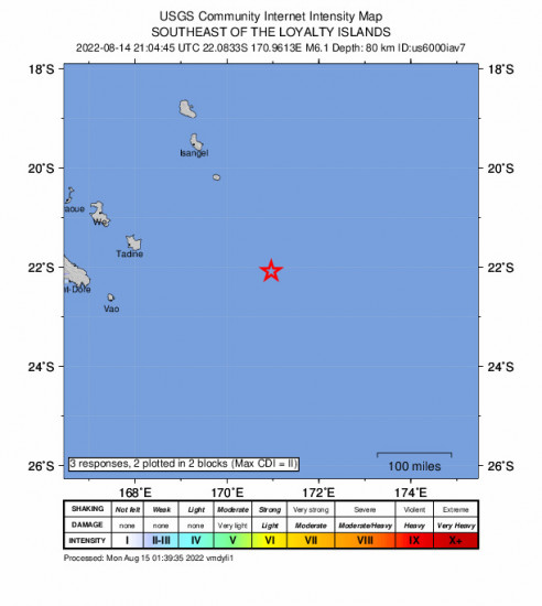GEO Community Internet Intensity Map for the The Loyalty Islands 6.1m Earthquake, Monday Aug. 15 2022, 8:04:45 AM