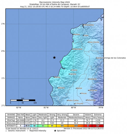 Macroseismic Intensity Map for the Bahía De Caráquez, Ecuador 5.5m Earthquake, Sunday Aug. 21 2022, 5:28:00 AM