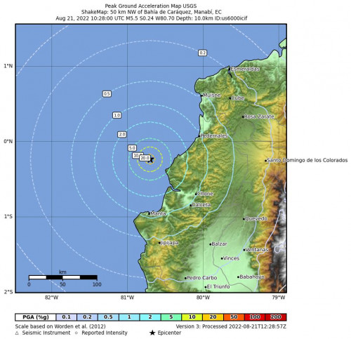 Peak Ground Acceleration Map for the Bahía De Caráquez, Ecuador 5.5m Earthquake, Sunday Aug. 21 2022, 5:28:00 AM