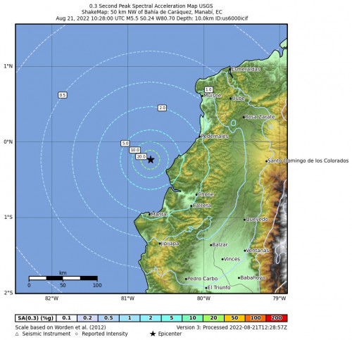 0.3 Second Peak Spectral Acceleration Map for the Bahía De Caráquez, Ecuador 5.5m Earthquake, Sunday Aug. 21 2022, 5:28:00 AM