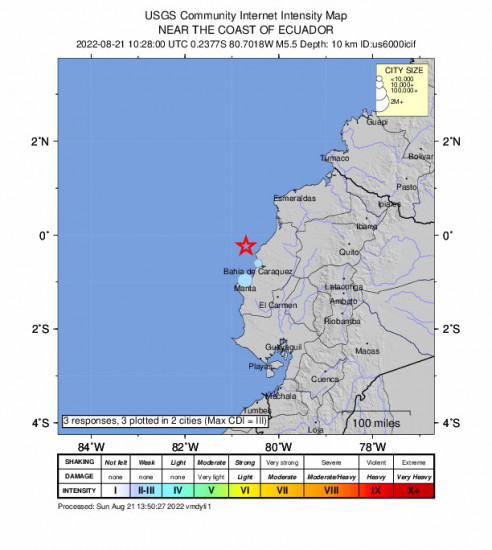 Community Internet Intensity Map for the Bahía De Caráquez, Ecuador 5.5m Earthquake, Sunday Aug. 21 2022, 5:28:00 AM