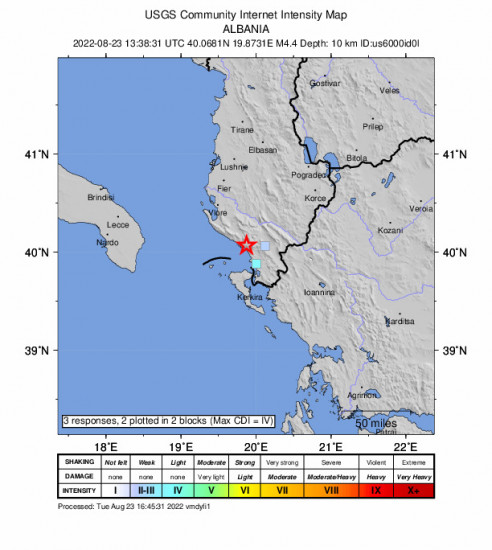GEO Community Internet Intensity Map for the Himarë, Albania 4.4m Earthquake, Tuesday Aug. 23 2022, 3:38:31 PM