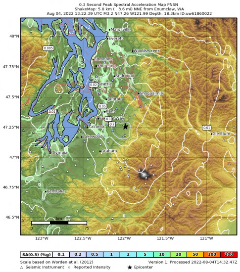 0.3 Second Peak Spectral Acceleration Map for the Black Diamond, Washington 3.06m Earthquake, Thursday Aug. 04 2022, 6:22:39 AM