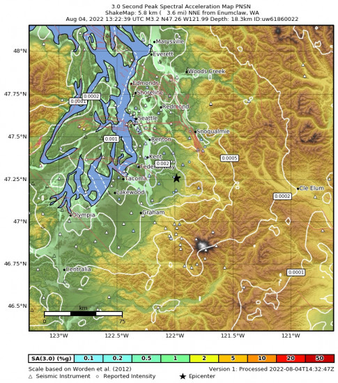 3 Second Peak Spectral Acceleration Map for the Black Diamond, Washington 3.06m Earthquake, Thursday Aug. 04 2022, 6:22:39 AM