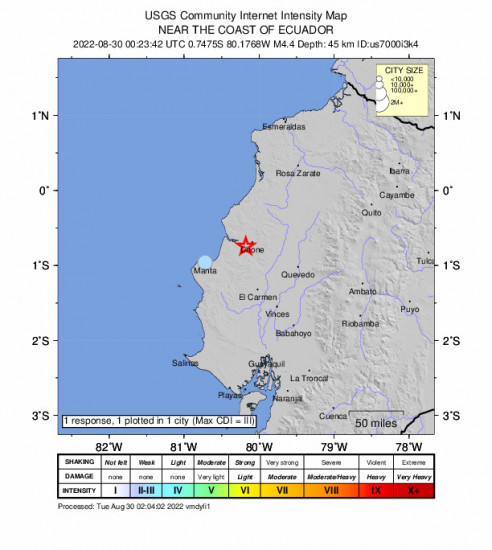 Community Internet Intensity Map for the Tosagua, Ecuador 4.4m Earthquake, Monday Aug. 29 2022, 7:23:42 PM