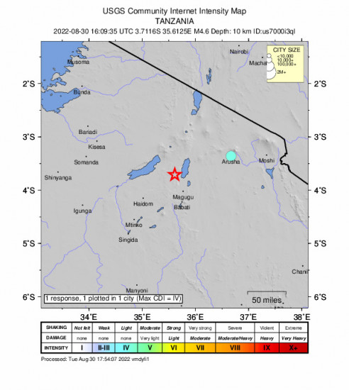 Community Internet Intensity Map for the Mbulu, Tanzania 4.6m Earthquake, Tuesday Aug. 30 2022, 7:09:35 PM