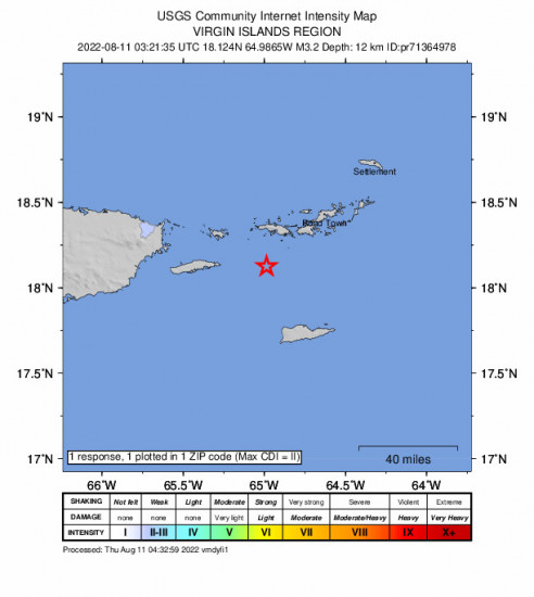 Community Internet Intensity Map for the Charlotte Amalie, U.s. Virgin Islands 3.25m Earthquake, Wednesday Aug. 10 2022, 11:21:35 PM