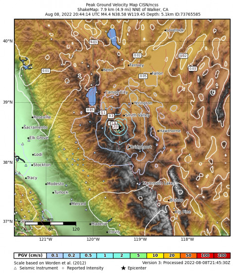 Peak Ground Velocity Map for the Walker, Ca 4.43m Earthquake, Monday Aug. 08 2022, 1:44:14 PM