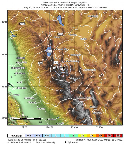 Peak Ground Acceleration Map for the Walker, Ca 3.49m Earthquake, Thursday Aug. 11 2022, 10:12:57 AM