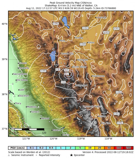 Peak Ground Velocity Map for the Walker, Ca 3.49m Earthquake, Thursday Aug. 11 2022, 10:12:57 AM