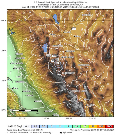 0.3 Second Peak Spectral Acceleration Map for the Walker, Ca 3.49m Earthquake, Thursday Aug. 11 2022, 10:12:57 AM