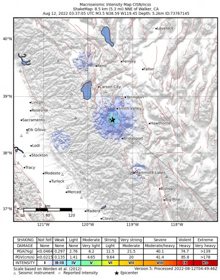 Macroseismic Intensity Map for the Walker, Ca 3.45m Earthquake, Thursday Aug. 11 2022, 8:37:05 PM