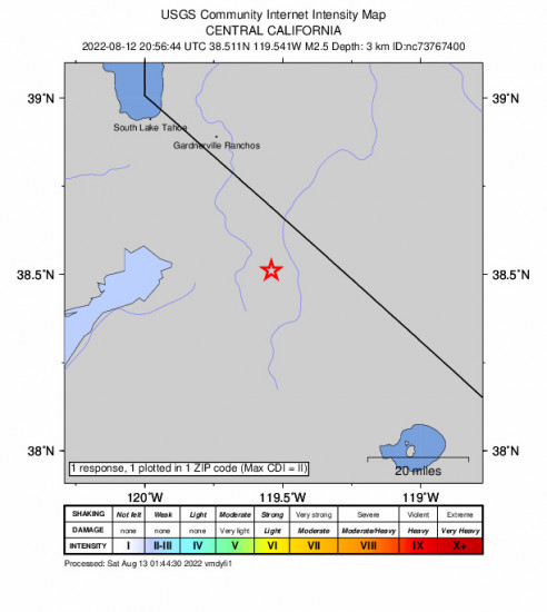 Community Internet Intensity Map for the Walker, Ca 2.5m Earthquake, Friday Aug. 12 2022, 1:56:44 PM
