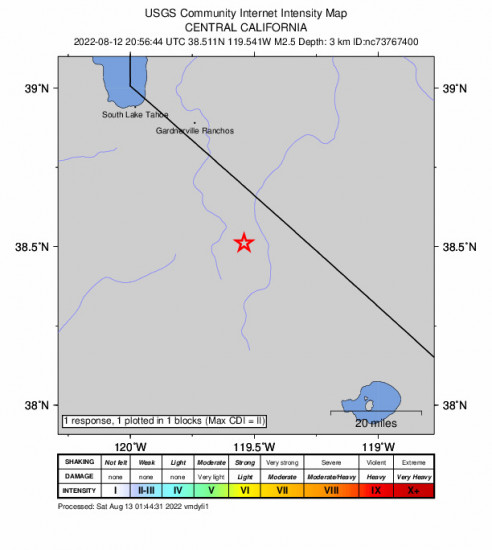 GEO Community Internet Intensity Map for the Walker, Ca 2.5m Earthquake, Friday Aug. 12 2022, 1:56:44 PM